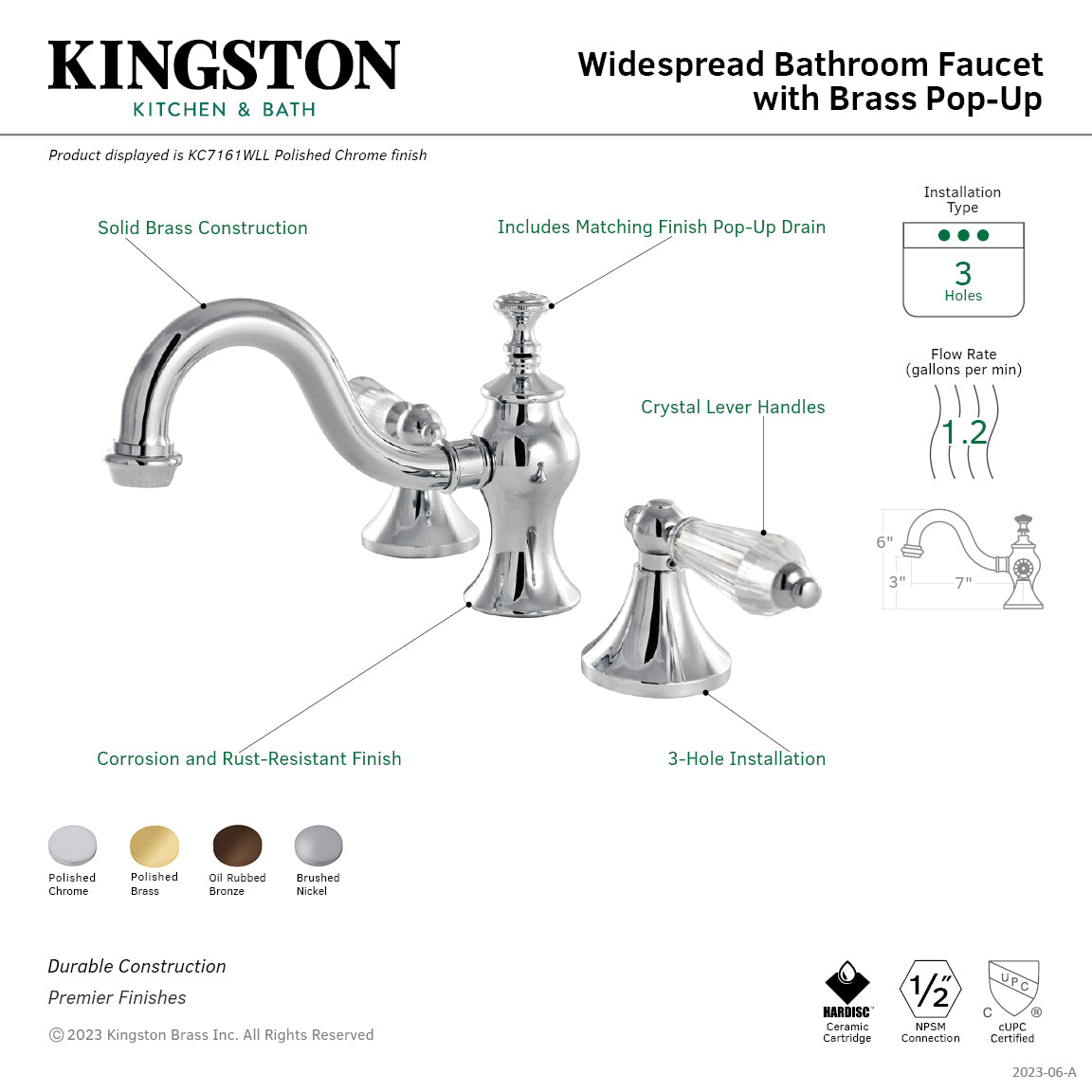 Kingston Heirloom KC7161WLL - Wilshire Two-Handle 3-Hole Deck Mount Widespread Bathroom Faucet with Brass Pop-Up, Polished Chrome — thumbnail 2